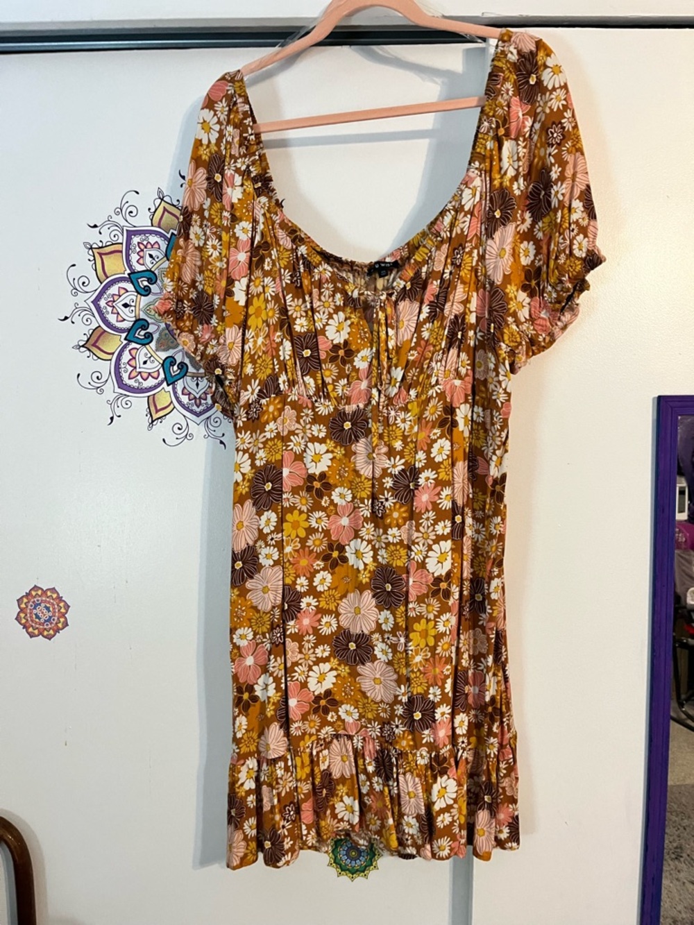 As U Wish Floral Peasant Top in Mustard, Pink & Brown
